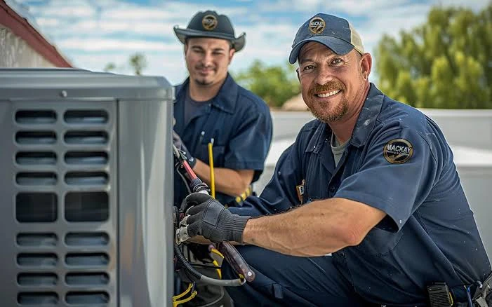 Two technicians servicing an outdoor cooling system