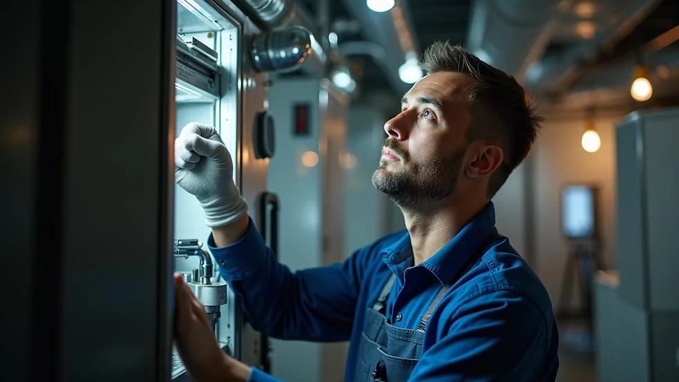 Technician inspecting the interior of a heating and cooling system