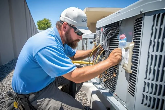 Technician checking the components of an outdoor air conditioning unit