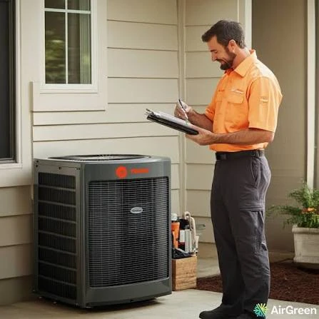 Technician recording an inspection beside a residential condenser